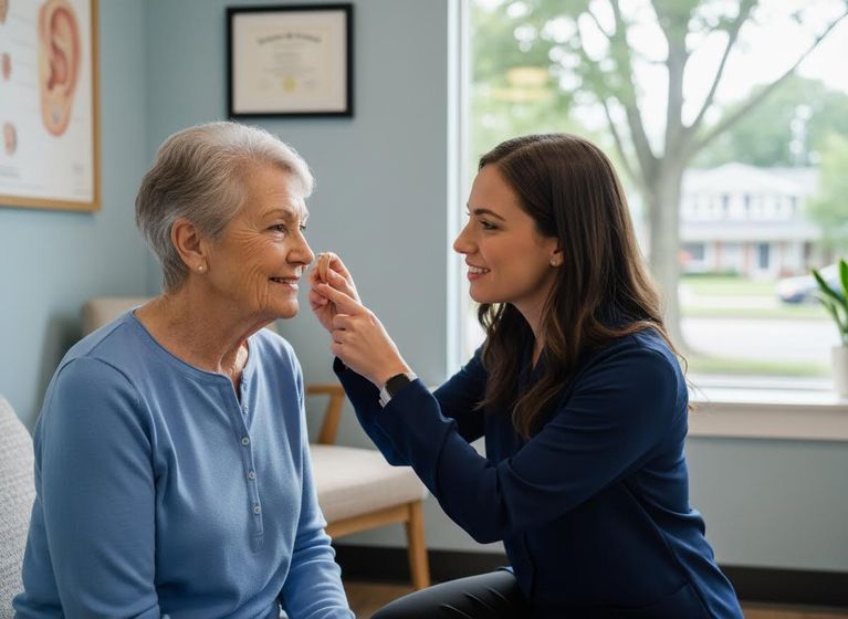 Audiologist fitting a hearing aid for an elderly woman