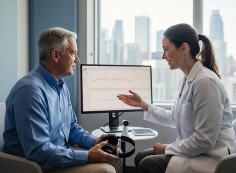 A female doctor in a white coat gestures at medical graphs on a monitor, explaining results to an older male patient holding headphones. Healthcare provider discussing diagnostic results with patient