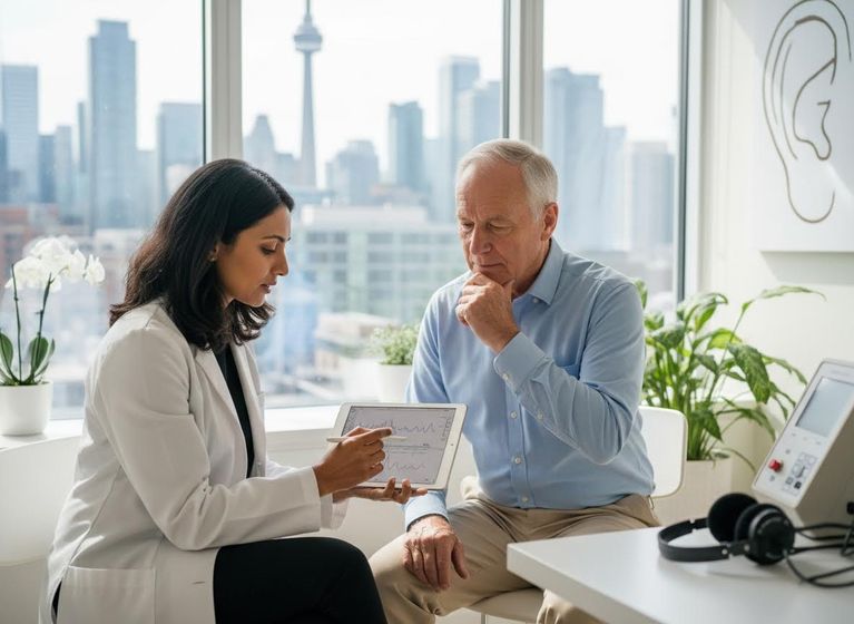 A female audiologist shows an older male patient hearing test results on a tablet in an office with a city view. The CN Tower is visible in the background, suggesting Toronto. Audiologist explaining hearing test results to a patient