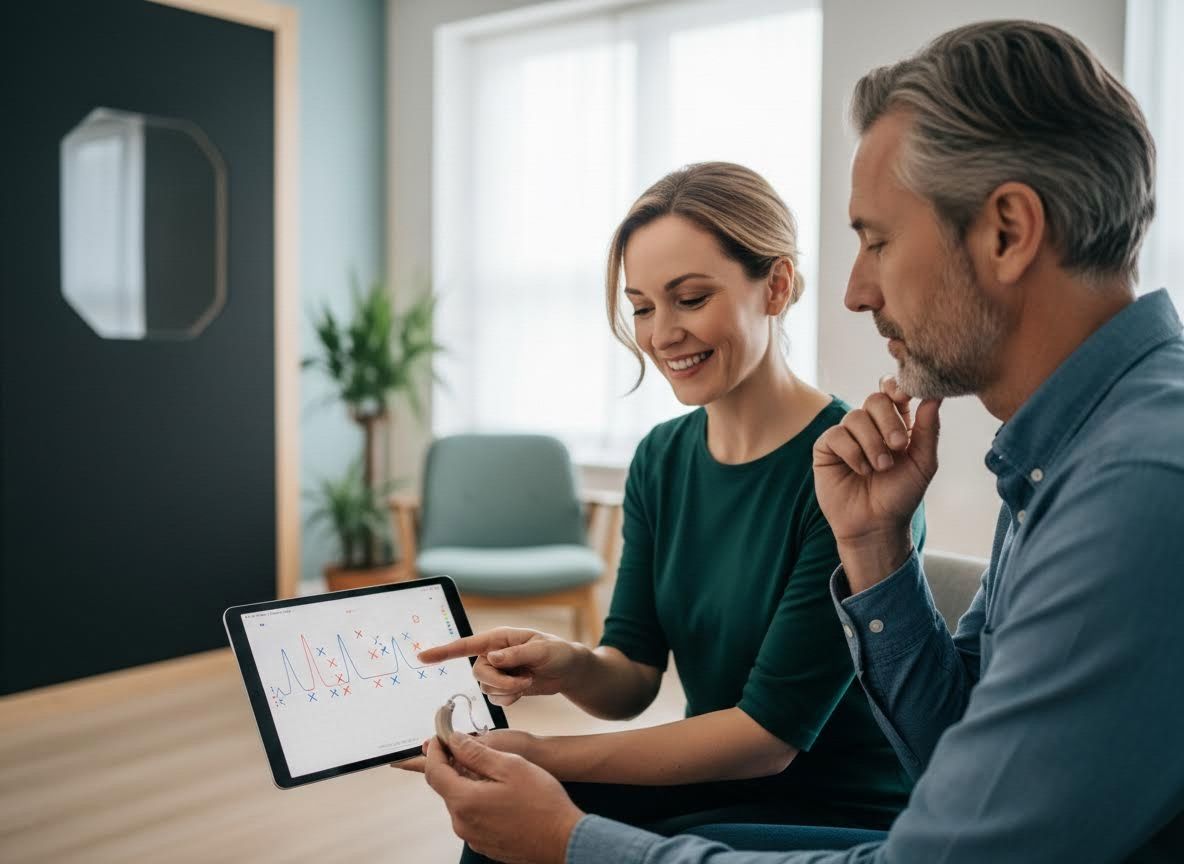 Audiologist and patient discussing hearing test results