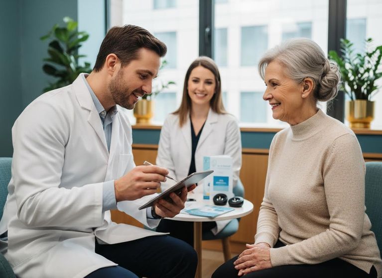 Doctor consulting senior patient with tablet