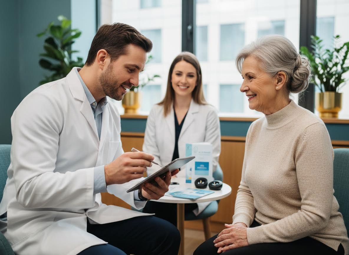 Doctor consulting senior patient with tablet