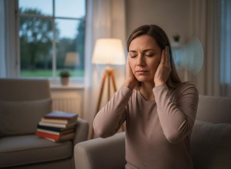 A woman with eyes closed, holding her hands over her ears, with sound waves indicating discomfort, in a dimly lit living room. Woman with hands over ears, distressed by noise or tinnitus