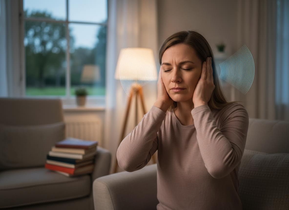 Woman with hands over ears, distressed by noise or tinnitus