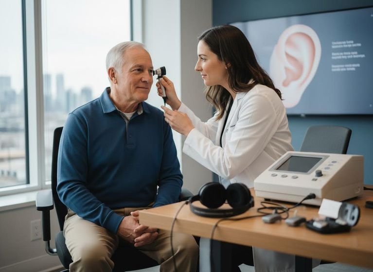 Audiologist performing ear examination on a senior patient