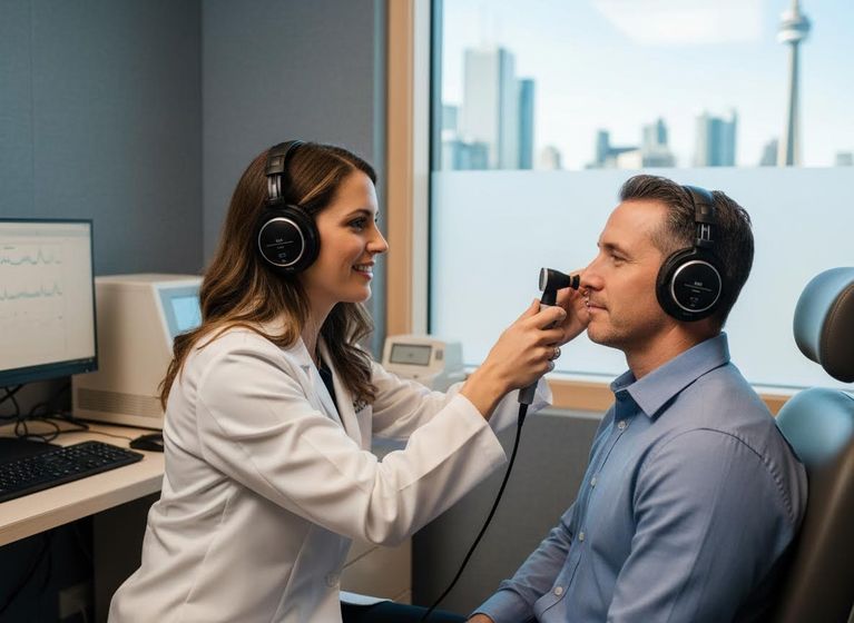 A medical professional performs a nasal exam on a male patient. Both wear headphones. Monitor shows data; cityscape visible outside. Medical Professional Conducting Nasal and Hearing Assessment