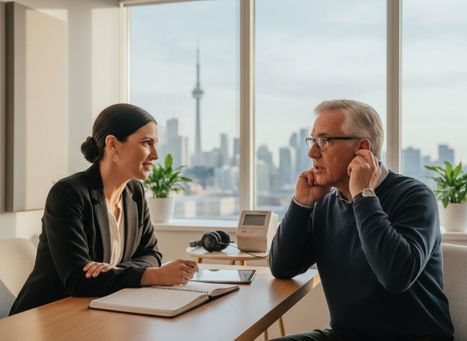 An audiologist assists an older man with his hearing aids during a consultation in an office overlooking a city skyline. Hearing Test Consultation