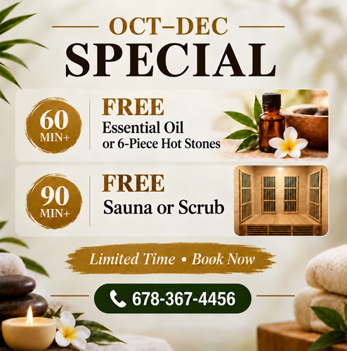 Cedar Massage October to December special. Tap to call 678-367-4456.