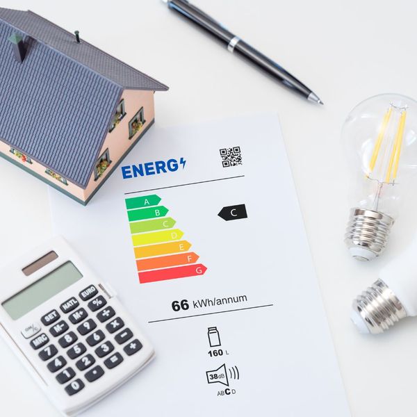 small home, energy rating sheet, calculator, pen, and light bulbs