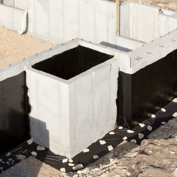 White concrete foundation with waterproofing