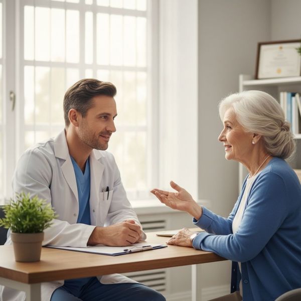 A senior woman talking with a caring doctor in his office.