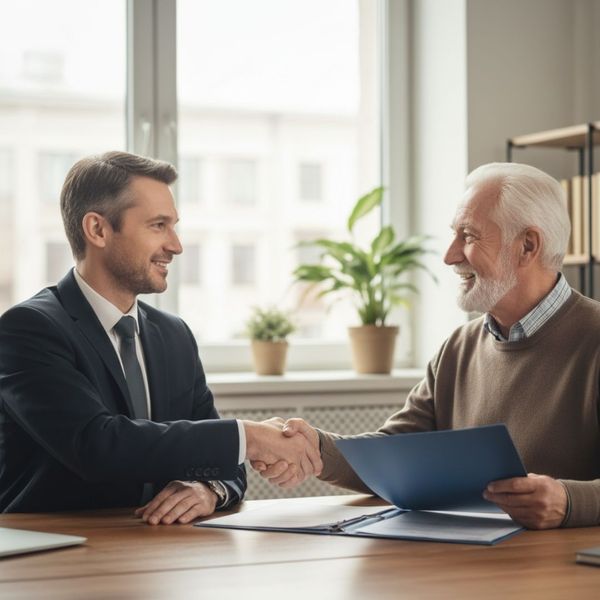 A friendly agent shakes hands with a smiling senior client.