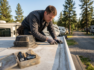 Man Inspecting RV Roof for Cracks