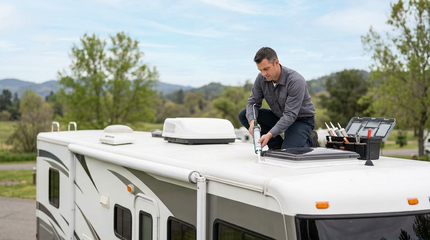 Man sealing an RV roof