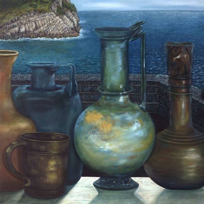modern art painting of vases by the sea