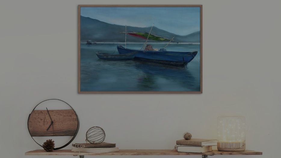 modern art painting pf two boats, hanging on wall