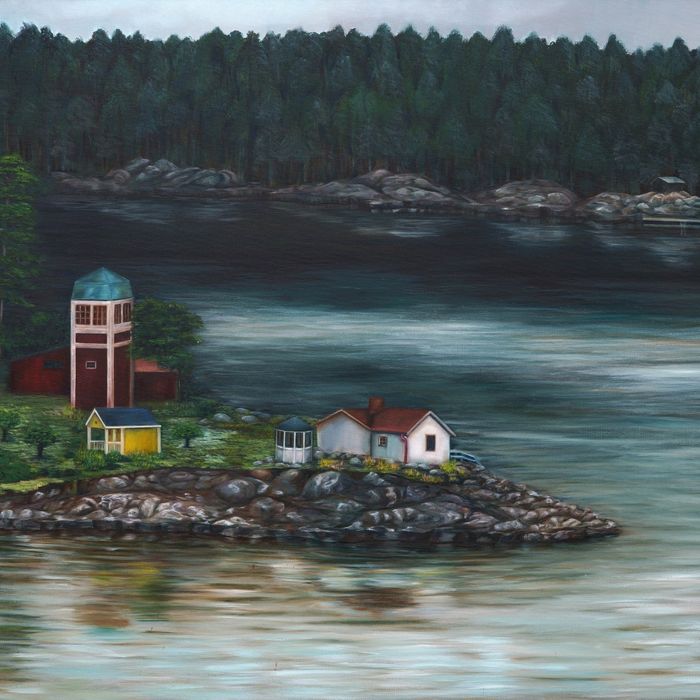 modern art painting of a coastal farmhouse
