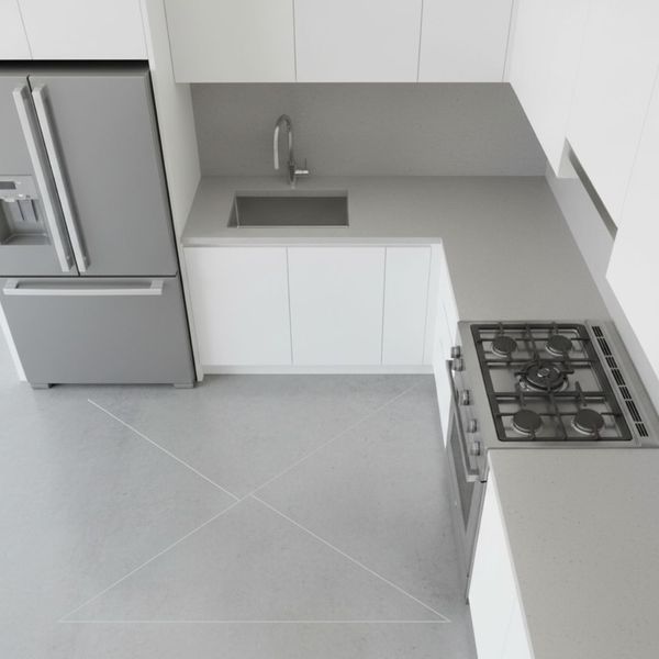 An overhead view of a kitchen layout showing the efficient work triangle between the sink, stove, and refrigerator.