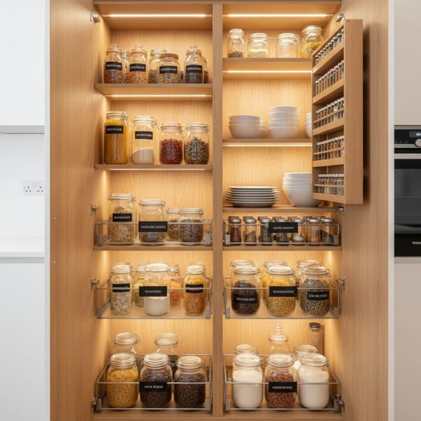 An open pull-out pantry cabinet filled with organized food items, showcasing smart kitchen storage solutions.