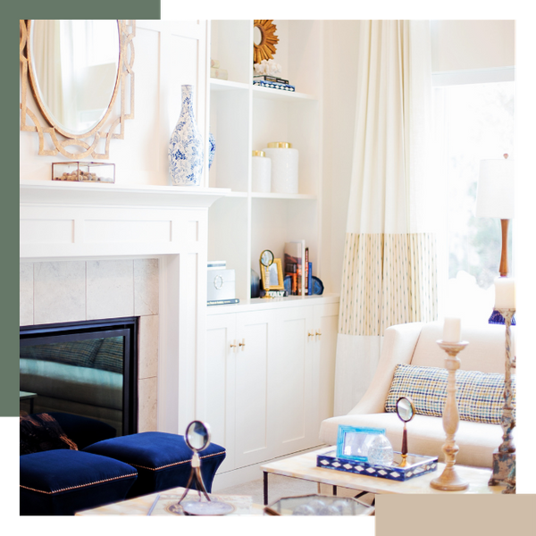 living room with fireplace and built in shelving