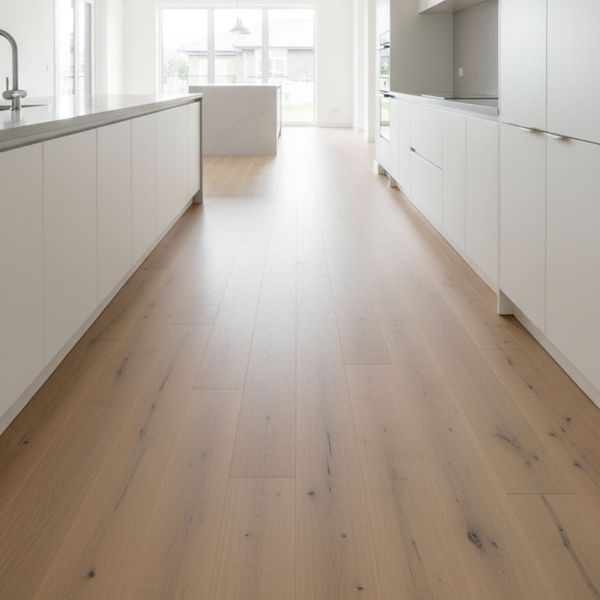 A wide, clear walkway in a modern kitchen, illustrating excellent traffic flow around a central island.