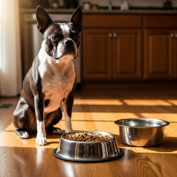 boston terrier eating food