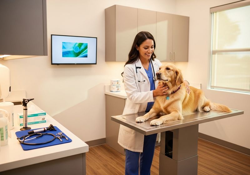 A veterinarian providing a comfortable checkup for a calm dog in a modern clinic.