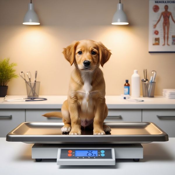 A healthy puppy sitting comfortably during a veterinary visit.