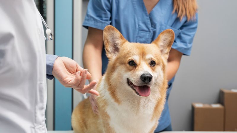 vet and and a vet tech examining a dog