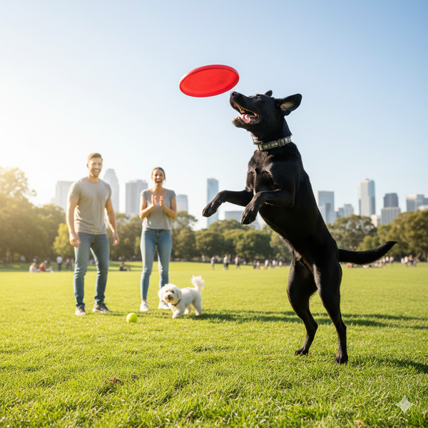 A black dog jumping to catch a red frisbee in a sunny park, with a happy couple and a small white dog in the blurred background and a city skyline in the distance.