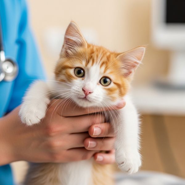 A veterinarian using gentle handling techniques with a small kitten.