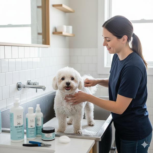 A woman grooming a fluffy white dog in a stainless steel sink, surrounded by pet grooming products, in a bright bathroom with white subway tiles.