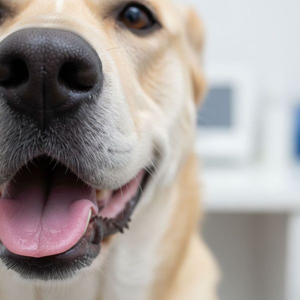 Close-up of a dog's pale gums, indicating potential breathing difficulty or shock