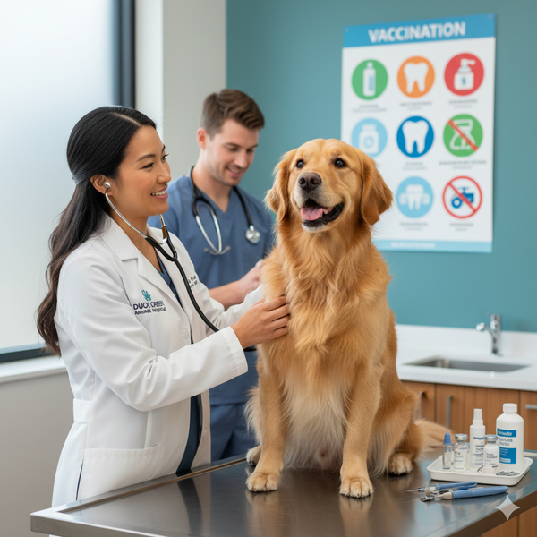 A golden retriever on an examination table, being examined by a female veterinarian with a stethoscope, while a male vet tech stands in the background in a modern vet clinic.