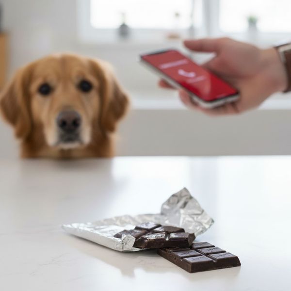 Pet owner's hand reaching for a phone next to a small pile of potentially toxic items