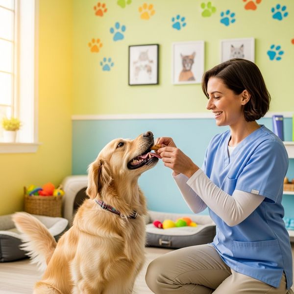 A happy dog receiving a treat at a fear-free animal hospital.