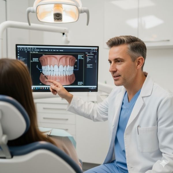 An experienced local orthodontist near Westminster consulting with a patient about their broken retainer issue in a modern treatment room.