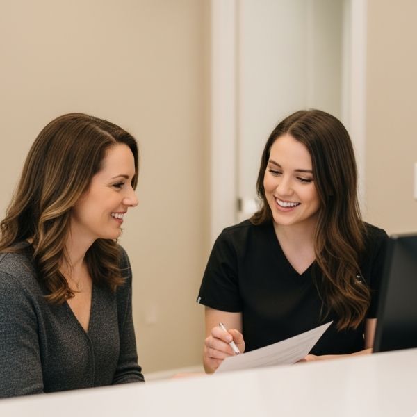 A smiling patient discussing payment options for their new retainer with at Dixon Orthodontics in Westminster.