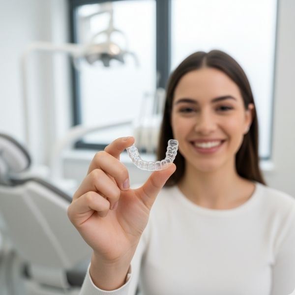 A hopeful patient at Dixon Orthodontics in Westminster, CO, happily holding up a brand-new, clear Essix retainer, ready to protect their smile.