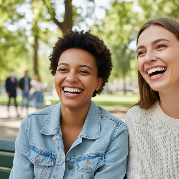 Two happy friends smiling and laughing together, demonstrating the confidence that comes from maintaining a straight and healthy smile with a well-maintained retainer.