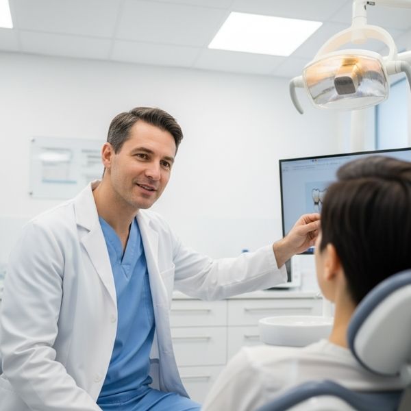 An experienced local orthodontist near Westminster consulting with a patient about their broken retainer issue in a modern treatment room.