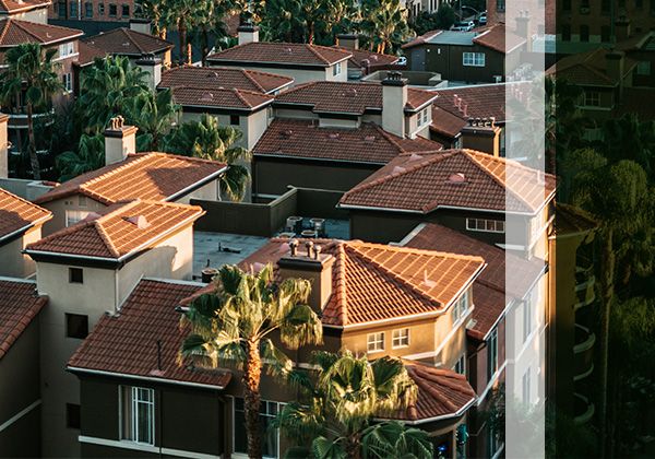 overhead view of california homes, tile roofs