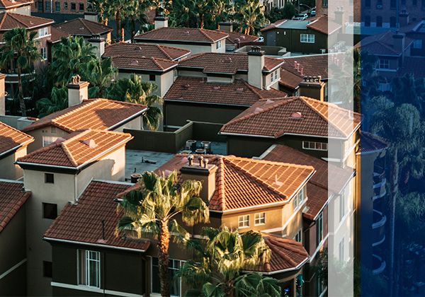 overhead view of california homes, tile roofs