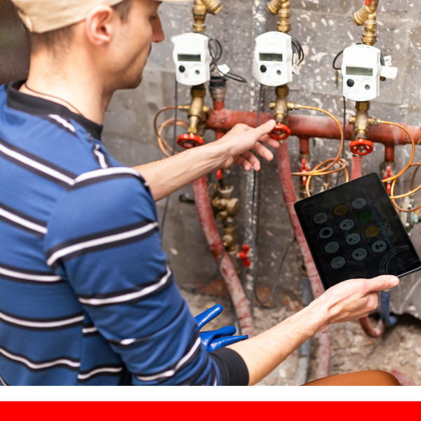 plumber testing pipes with tablet software