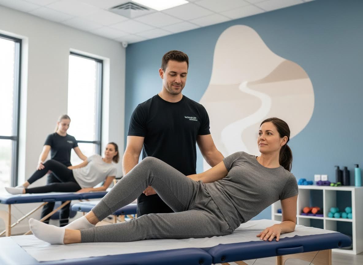 Physiotherapist guiding a patient through leg exercises
