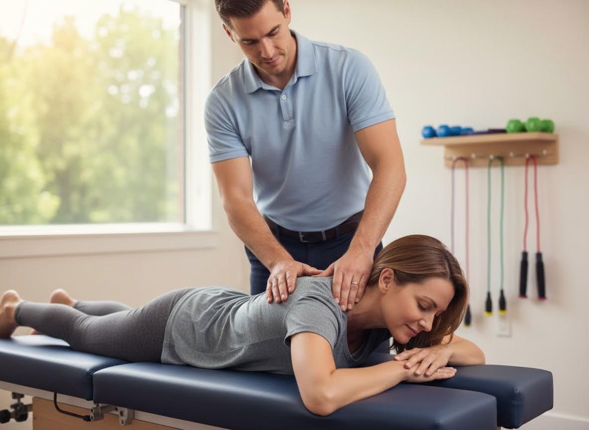 Physiotherapist treating a woman's back and shoulders