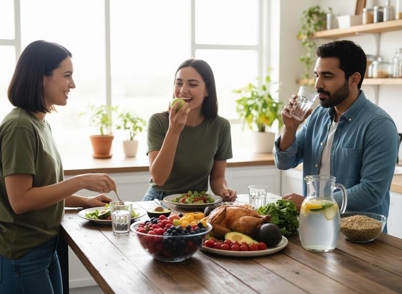 Three happy people, two women and one man, sharing a healthy meal with roasted chicken, berries, and vegetables in a bright kitchen. Three people enjoying a healthy meal together