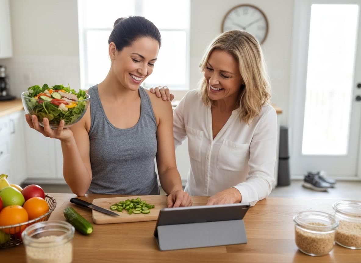 Two women smiling while preparing a fresh salad in a kitchen
