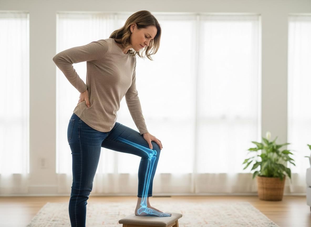 Woman experiencing back and leg pain with skeletal illustration