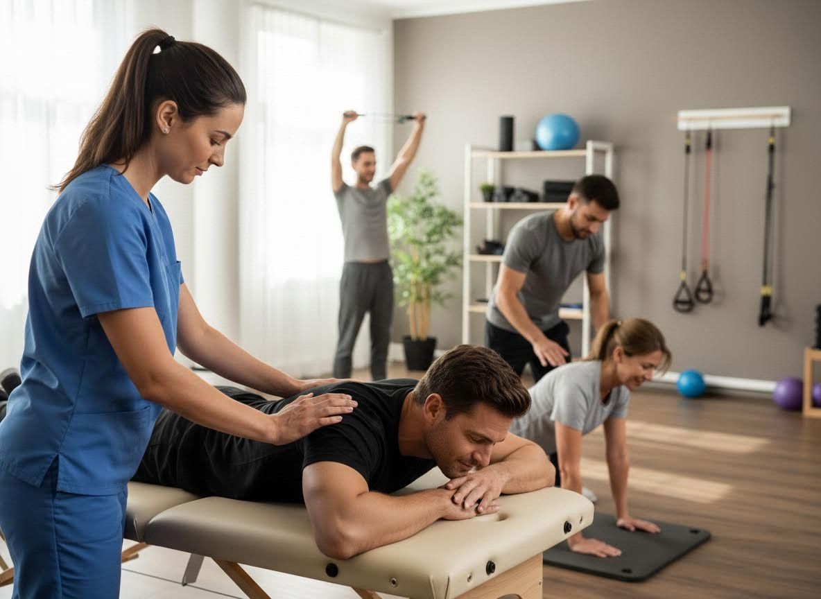 Physical therapy session with therapist and patient